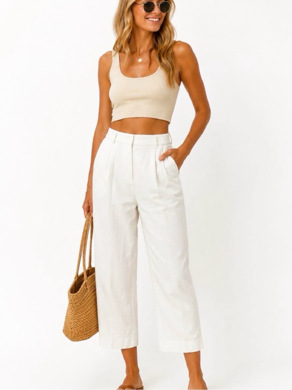 Talbots Cream Cropped Wide-Leg Pleated Pants